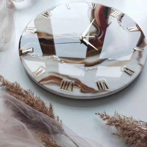 Brown and white Marble effect Resin Clock with customizable